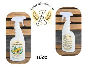 "L&A MultiGuard Natural Multipurpose Cleaning Spray in a 16 oz spray bottle with lemon and mint label, handcrafted household cleaner for kitchens, bathrooms, glass, and everyday surfaces."