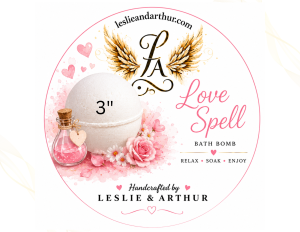 Love Spell Bath Bomb featuring a large 3-inch handmade bath bomb with romantic pink floral artwork and a beautiful Love Spell fragrance.