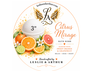 Citrus Mirage handmade 3-inch bath bomb scented with sweet orange and grapefruit by Leslie & Arthur.