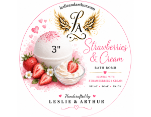 Strawberries & Cream handmade 3-inch bath bomb scented with sweet strawberries and creamy vanilla by Leslie & Arthur.