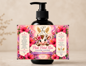 Pink Petal Kiss Tallow Lotion by Leslie & Arthur with grass-fed tallow, aloe vera, sweet almond oil, and hibiscus fragrance for soft, hydrated skin.