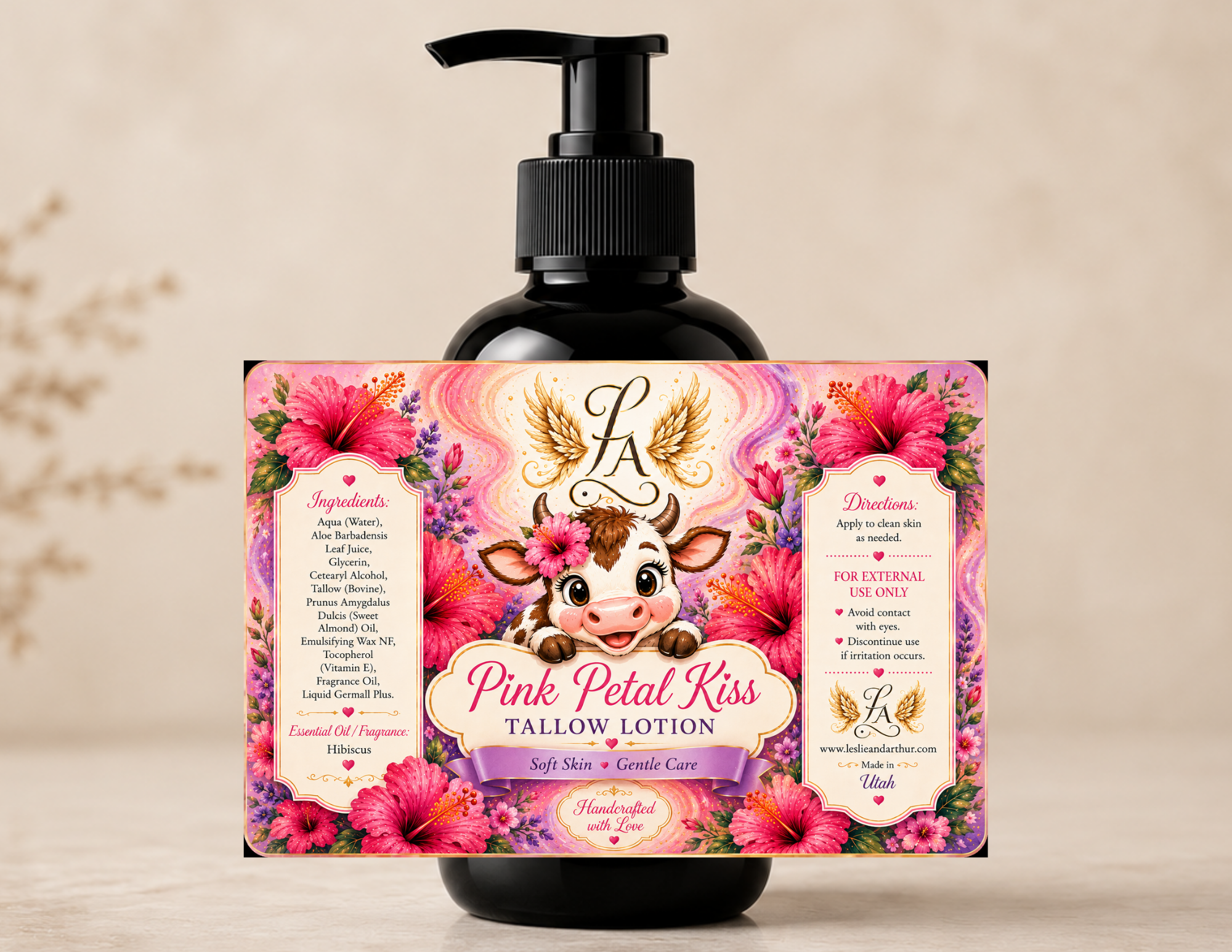 Pink Petal Kiss Tallow Lotion by Leslie & Arthur with grass-fed tallow, aloe vera, sweet almond oil, and hibiscus fragrance for soft, hydrated skin.