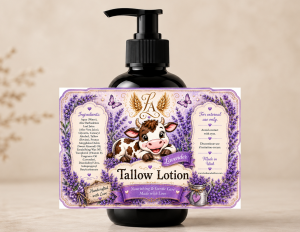 Lavender Tallow Lotion in a black pump bottle with lavender floral artwork. Handmade with grass-fed tallow, aloe vera, glycerin, and sweet almond oil to deeply moisturize dry skin with a calming lavender fragrance.