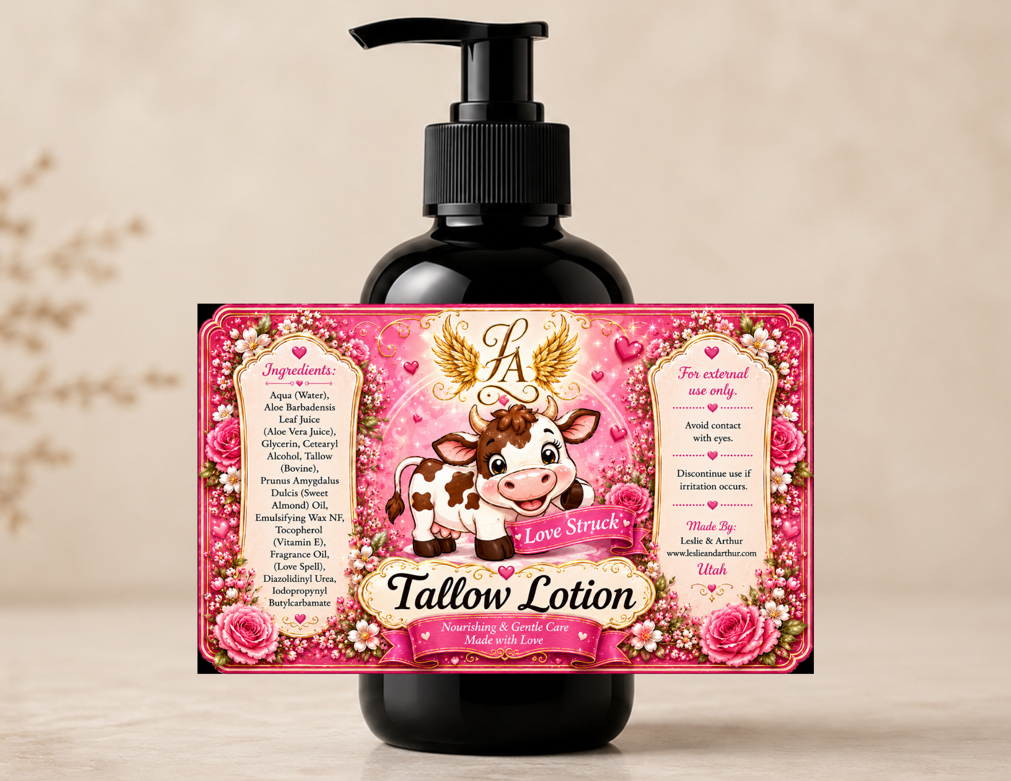 Love Struck Tallow Lotion in a black pump bottle with romantic pink floral artwork. Handmade with grass-fed tallow, aloe vera, glycerin, and sweet almond oil to deeply moisturize dry skin with a beautiful Love Struck fragrance.