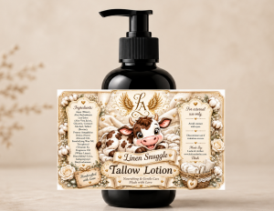 Linen Snuggle Tallow Lotion in a black pump bottle with elegant cream floral artwork. Handmade with grass-fed tallow, aloe vera, glycerin, and sweet almond oil to deeply moisturize dry skin with a fresh Linen Snuggle fragrance.