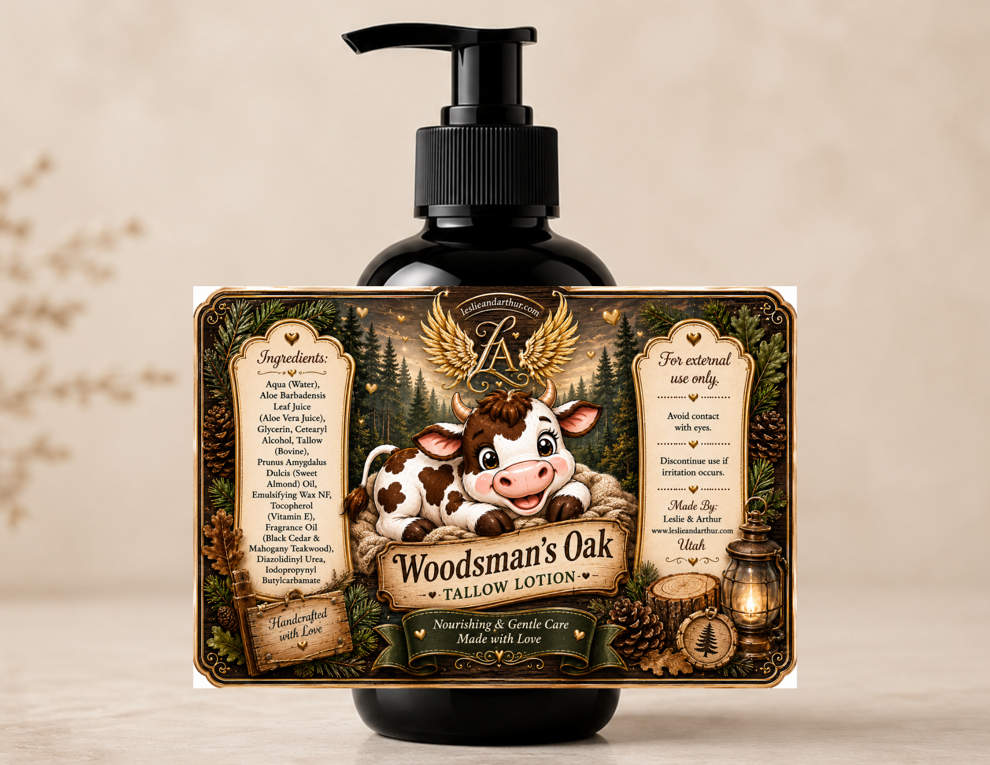 Woodsman's Oak Tallow Lotion in a black pump bottle with rustic woodland artwork. Handmade with grass-fed tallow, aloe vera, glycerin, and sweet almond oil to deeply moisturize dry skin with a rugged Woodsman's Oak fragrance.