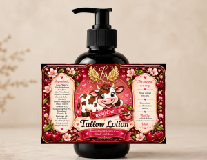 Cheeky Cherry Tallow Lotion in a black pump bottle with cherry blossom and cherry artwork. Handmade with grass-fed tallow, aloe vera, glycerin, and sweet almond oil to deeply moisturize dry skin with a sweet Cheeky Cherry fragrance.