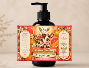 Citrus Mirage Tallow Lotion in a black pump bottle with vibrant citrus artwork. Handmade with grass-fed tallow, aloe vera, glycerin, and sweet almond oil to deeply moisturize dry skin with a refreshing sweet orange and grapefruit fragrance.