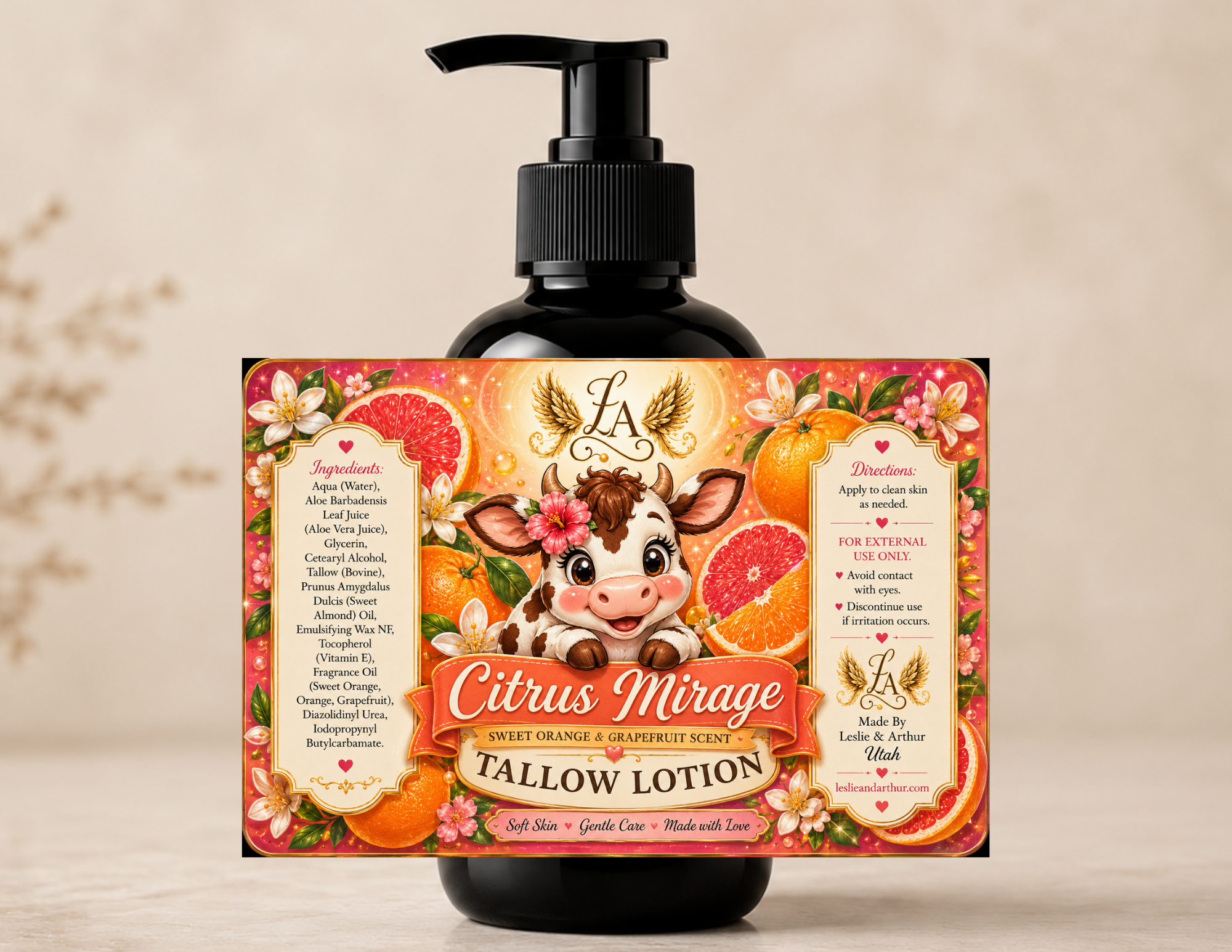 Citrus Mirage Tallow Lotion in a black pump bottle with vibrant citrus artwork. Handmade with grass-fed tallow, aloe vera, glycerin, and sweet almond oil to deeply moisturize dry skin with a refreshing sweet orange and grapefruit fragrance.