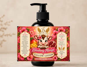 Blushing Mango Tallow Lotion in a black pump bottle with tropical floral, mango, and pomegranate artwork. Handmade with grass-fed tallow, aloe vera, glycerin, and sweet almond oil to deeply moisturize dry skin with a tropical pomegranate mango fragrance.