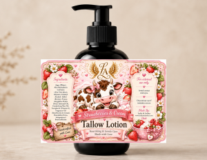 Handmade Strawberries & Cream Tallow Lotion in an 8 oz black pump bottle by Leslie & Arthur.
